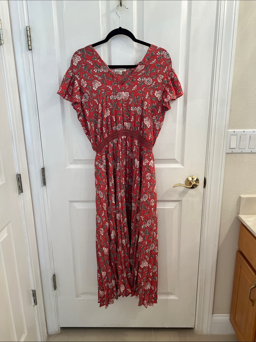 Max Studio Red Floral Maxi Dress with Flutter Sleeves